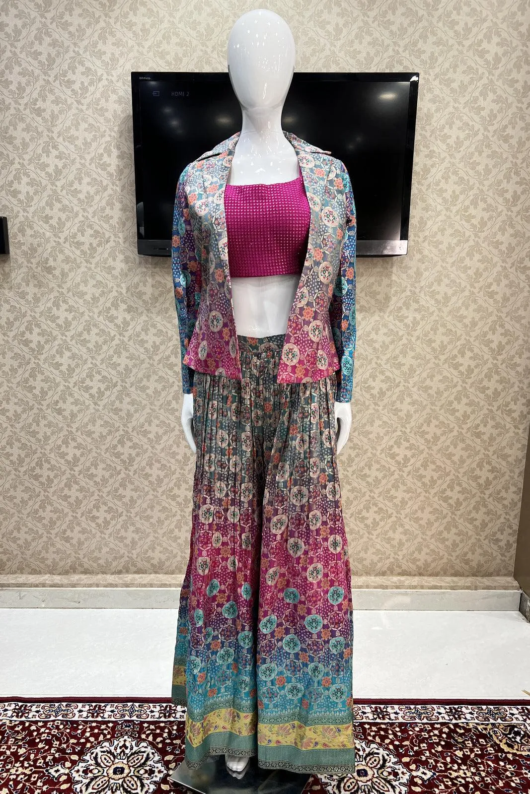 Pink with Greyish Blue Banaras work and Digital Print Crop Top with Overcoat Styled Palazzo Suit Set