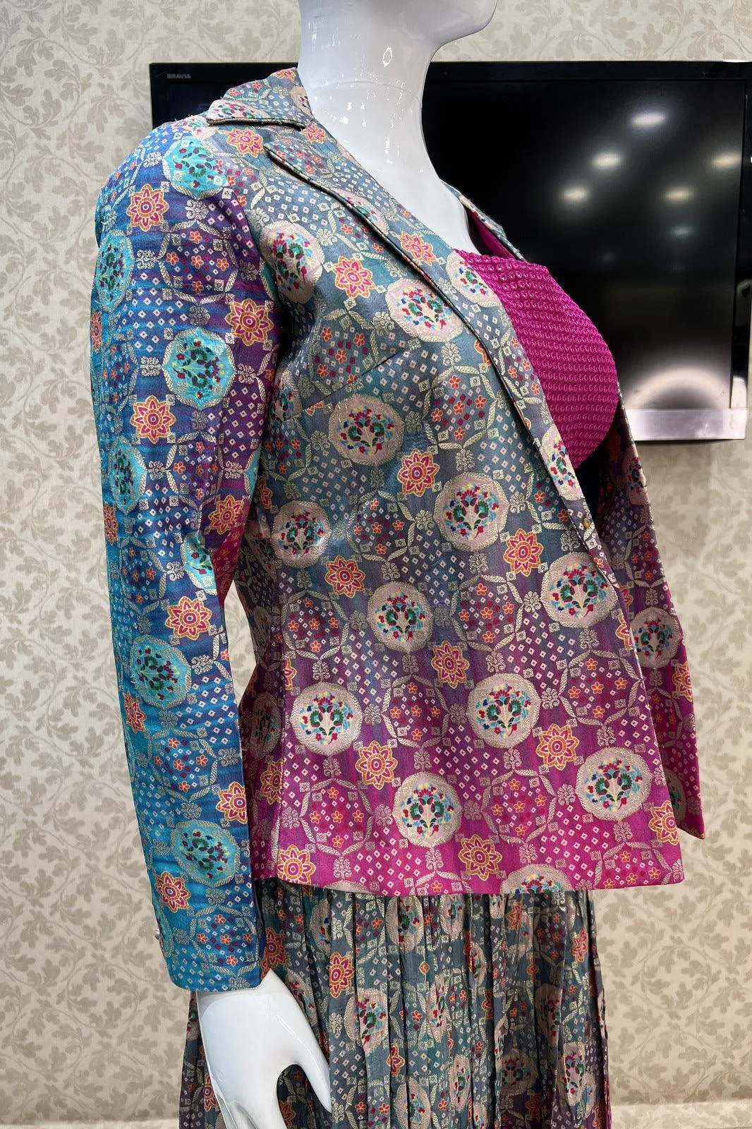 Pink with Greyish Blue Banaras work and Digital Print Crop Top with Overcoat Styled Palazzo Suit Set