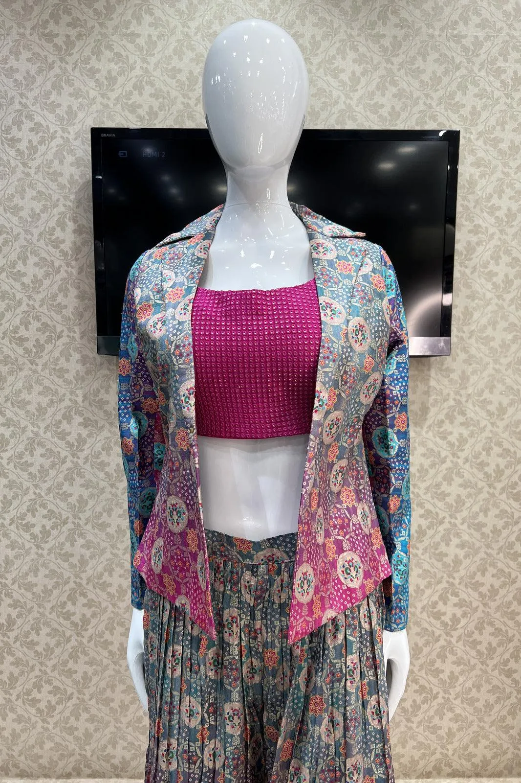 Pink with Greyish Blue Banaras work and Digital Print Crop Top with Overcoat Styled Palazzo Suit Set