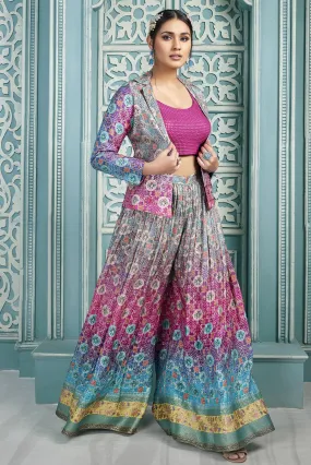 Pink with Greyish Blue Banaras work and Digital Print Crop Top with Overcoat Styled Palazzo Suit Set