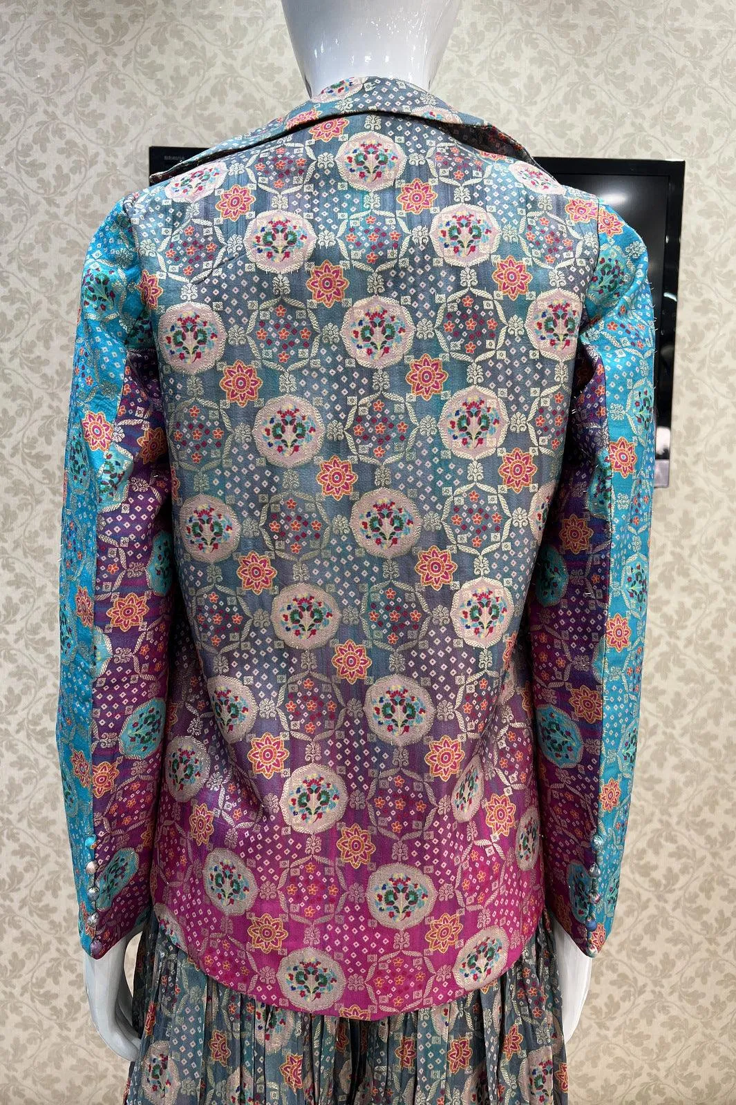 Pink with Greyish Blue Banaras work and Digital Print Crop Top with Overcoat Styled Palazzo Suit Set