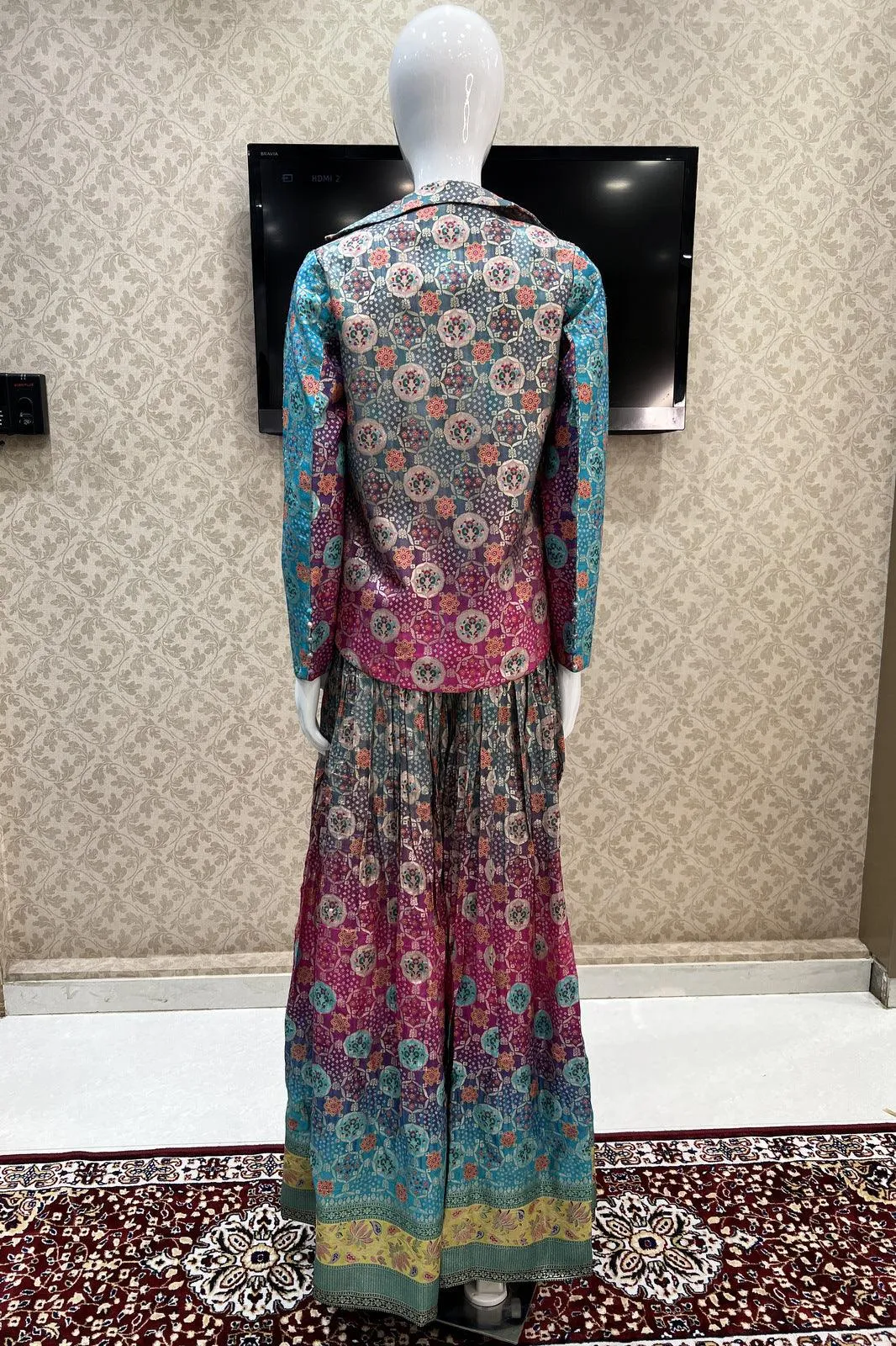 Pink with Greyish Blue Banaras work and Digital Print Crop Top with Overcoat Styled Palazzo Suit Set