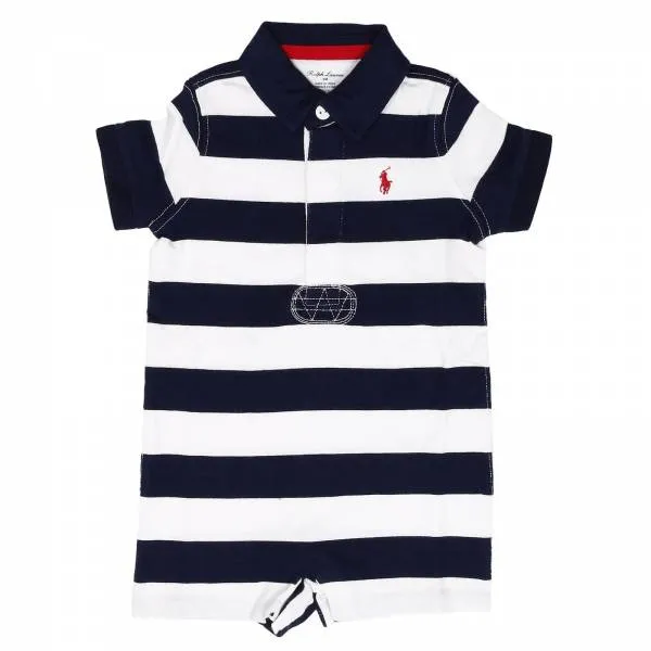 Polo by Ralph Lauren White with Navy Blue Collar and Stripes Romper