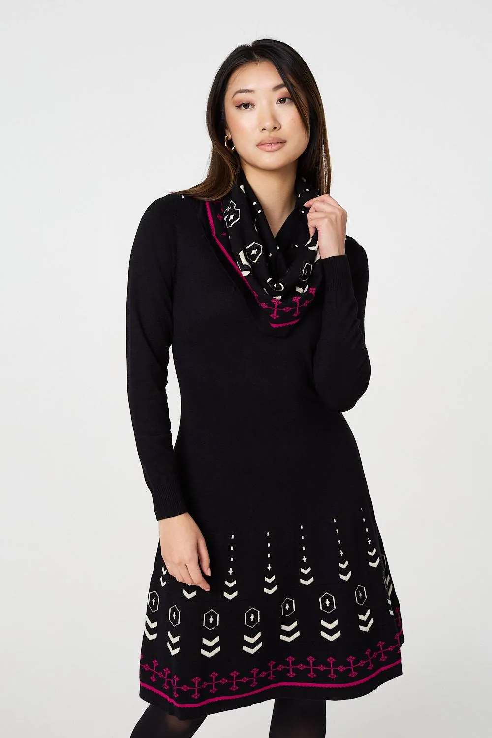 Printed Knit Dress With Removable Scarf