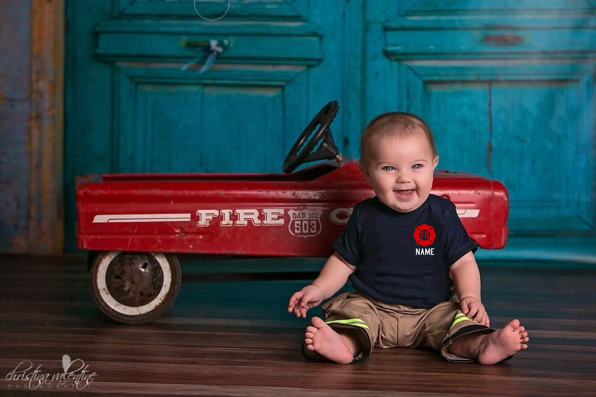 RED MALTESE CROSS Firefighter Personalized BLACK 2PC Baby Outfit