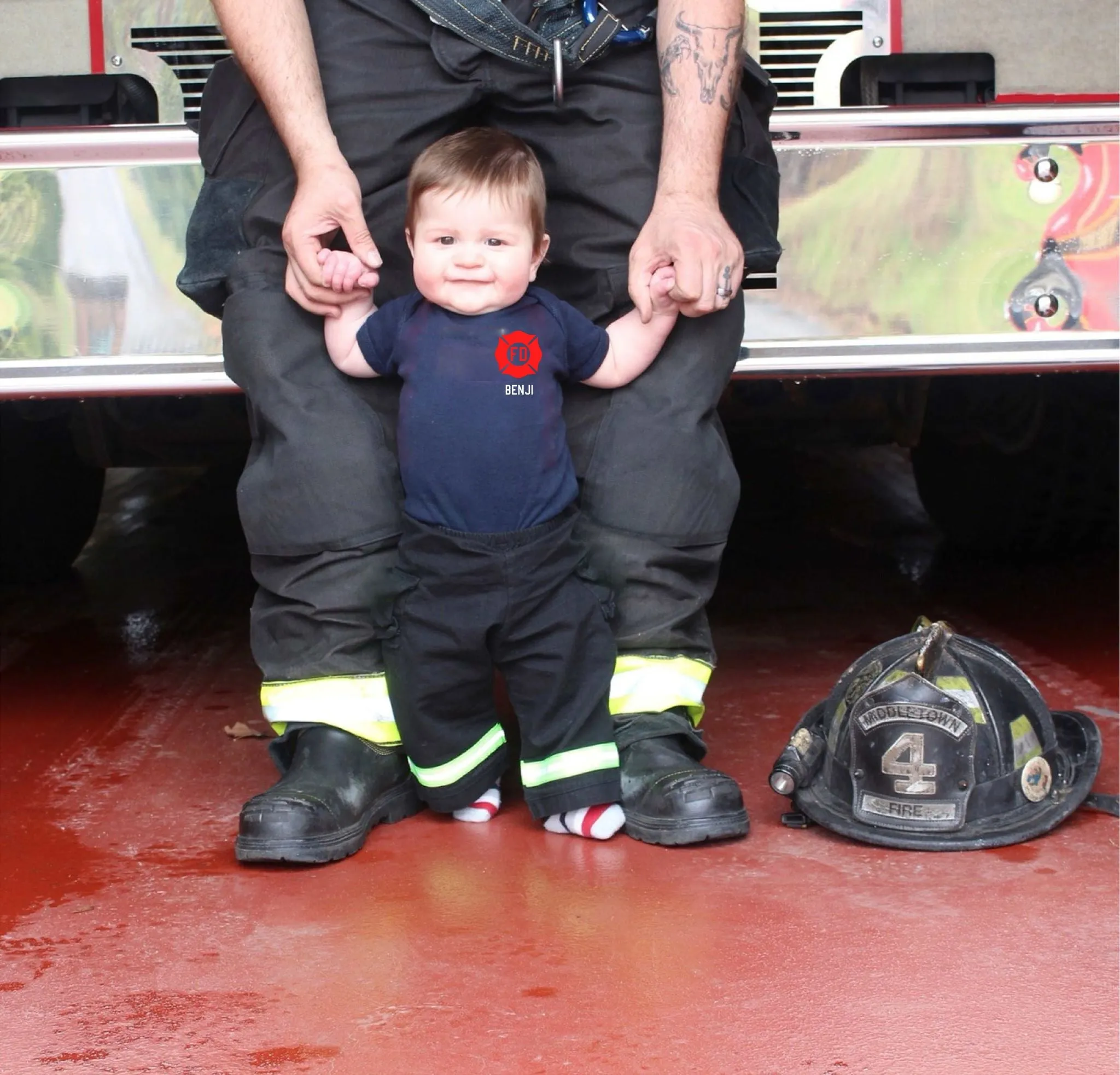 RED MALTESE CROSS Firefighter Personalized BLACK 2PC Baby Outfit