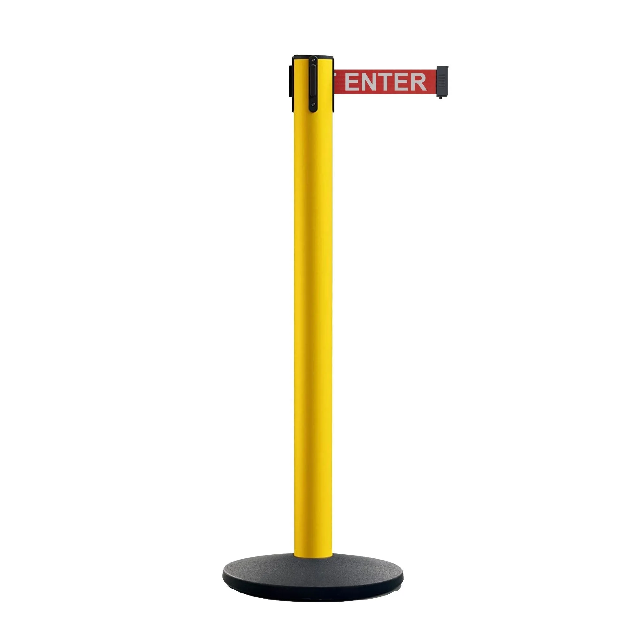 Retractable Belt Barrier Stanchion, Polished Brass Post with Heavy Duty Cast Iron Base, 14 ft Belt – Montour Line MI650