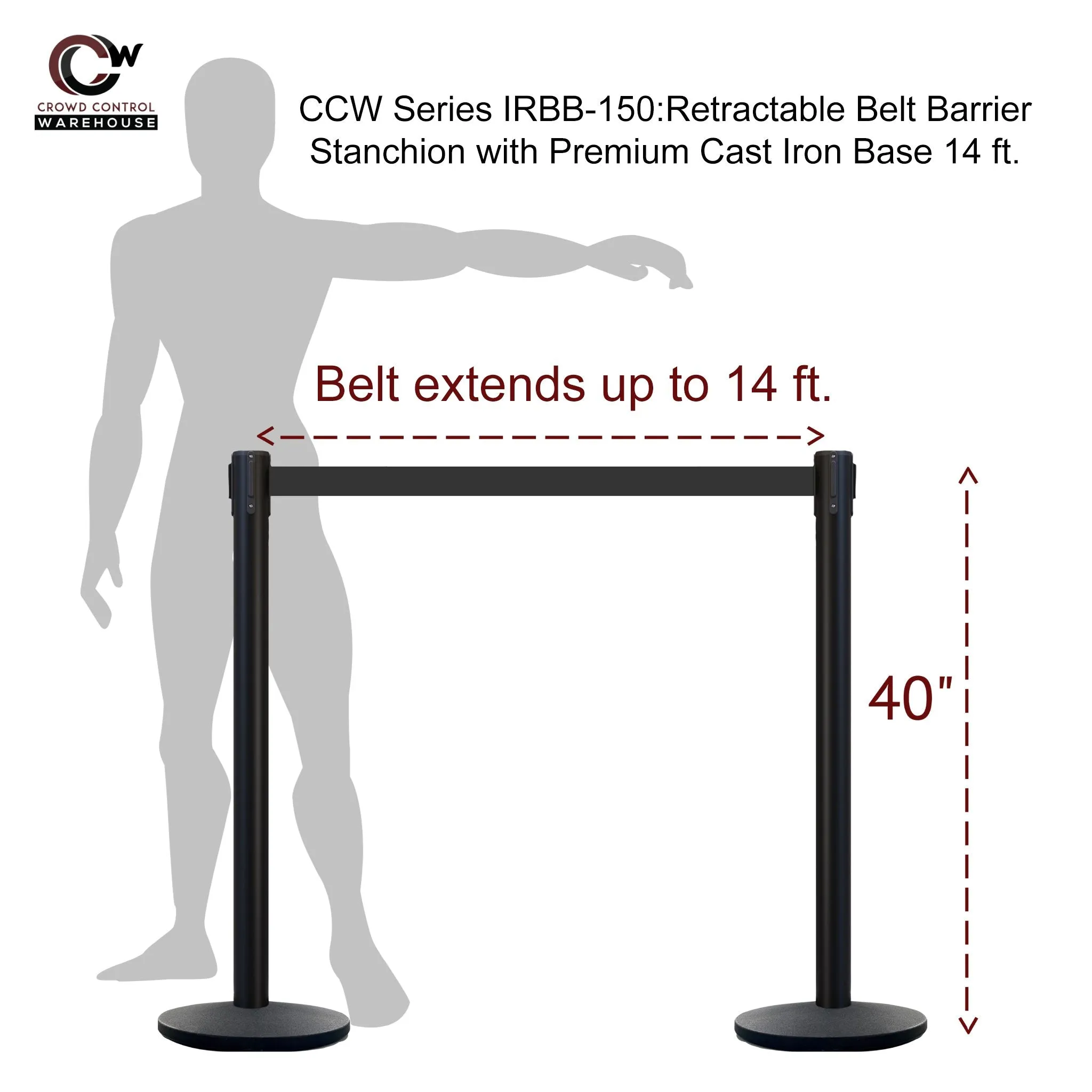 Retractable Belt Barrier Stanchion, Polished Brass Post with Heavy Duty Cast Iron Base, 14 ft Belt – Montour Line MI650