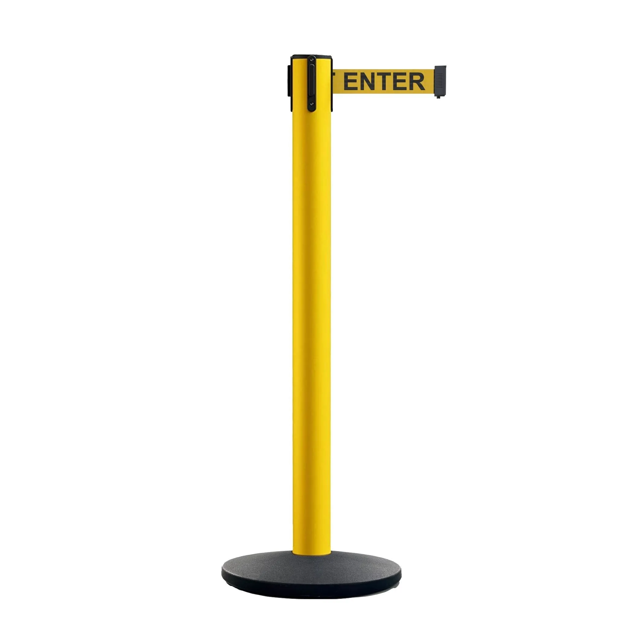 Retractable Belt Barrier Stanchion, Polished Brass Post with Heavy Duty Cast Iron Base, 14 ft Belt – Montour Line MI650