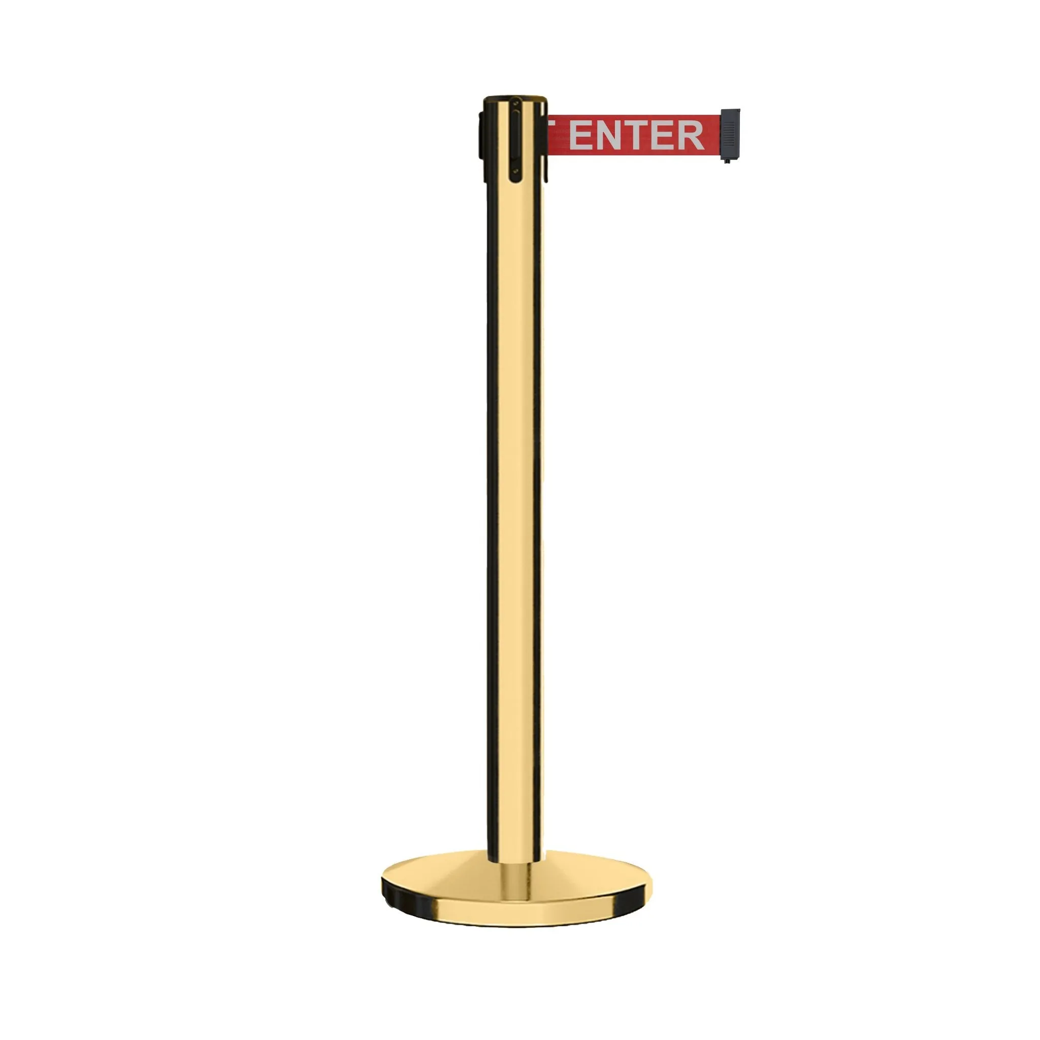 Retractable Belt Barrier Stanchion, Polished Brass Post with Heavy Duty Cast Iron Base, 14 ft Belt – Montour Line MI650