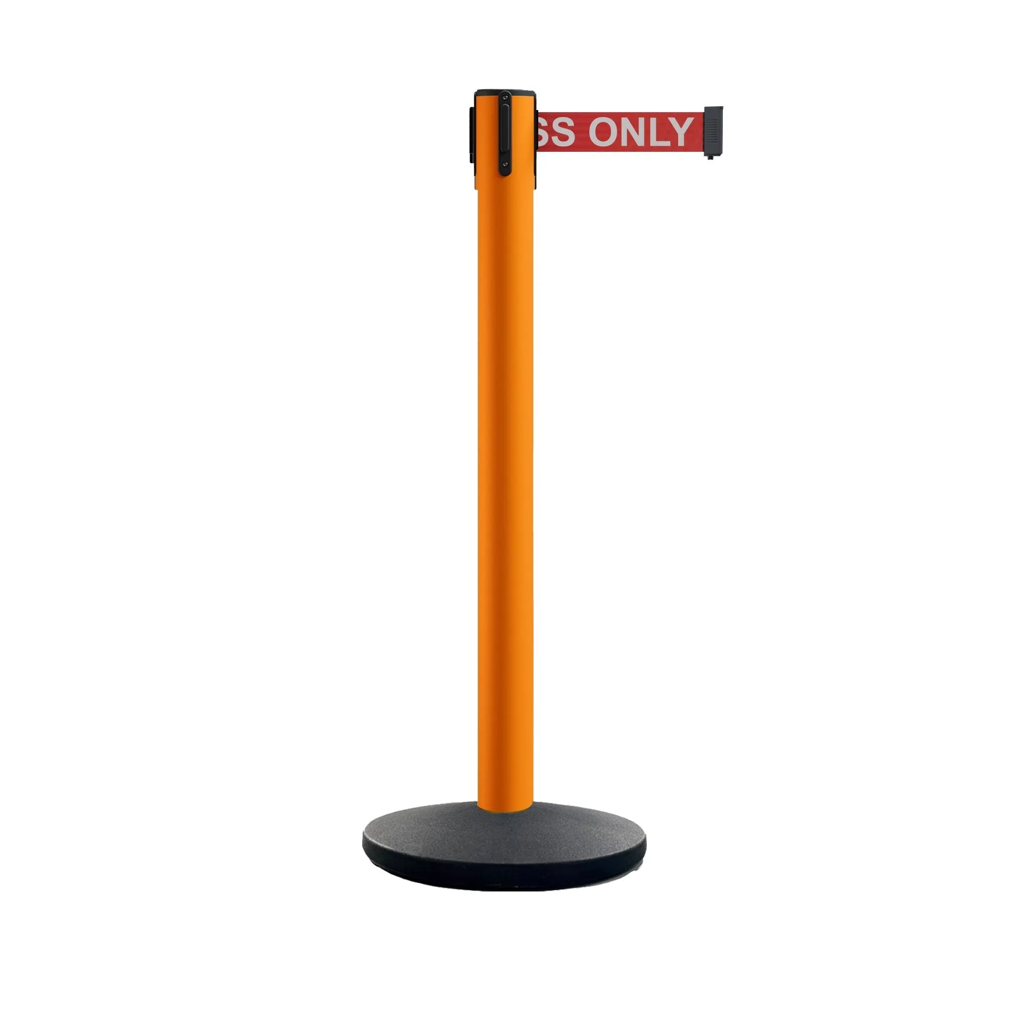 Retractable Belt Barrier Stanchion, Polished Brass Post with Heavy Duty Cast Iron Base, 14 ft Belt – Montour Line MI650