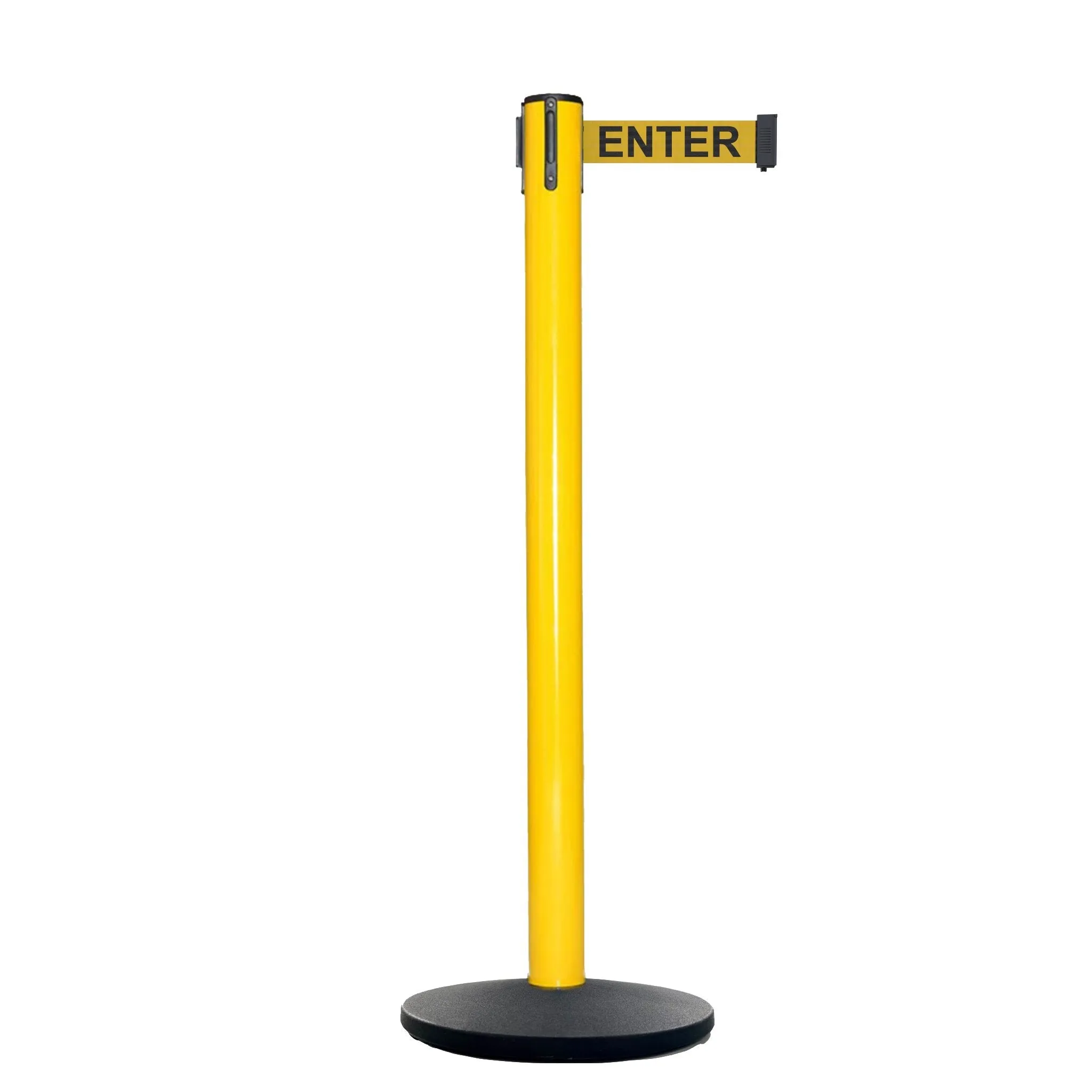 Retractable Belt Barrier Stanchion, Polished Brass Post with Heavy Duty Cast Iron Base, 14 ft Belt – Montour Line MI650