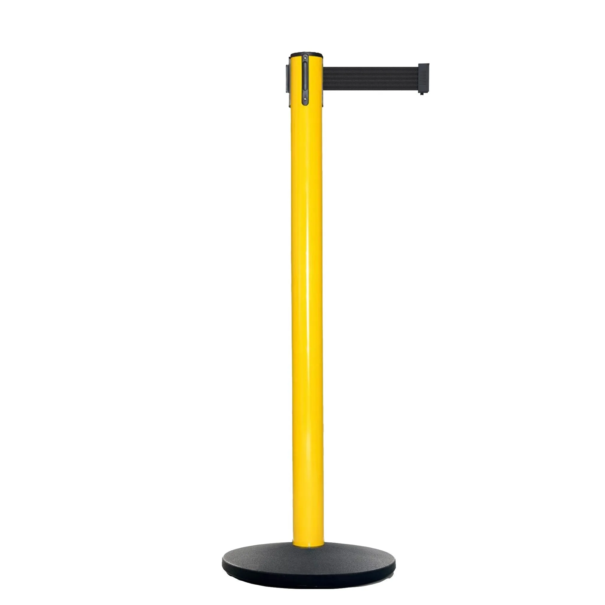 Retractable Belt Barrier Stanchion, Polished Brass Post with Heavy Duty Cast Iron Base, 14 ft Belt – Montour Line MI650