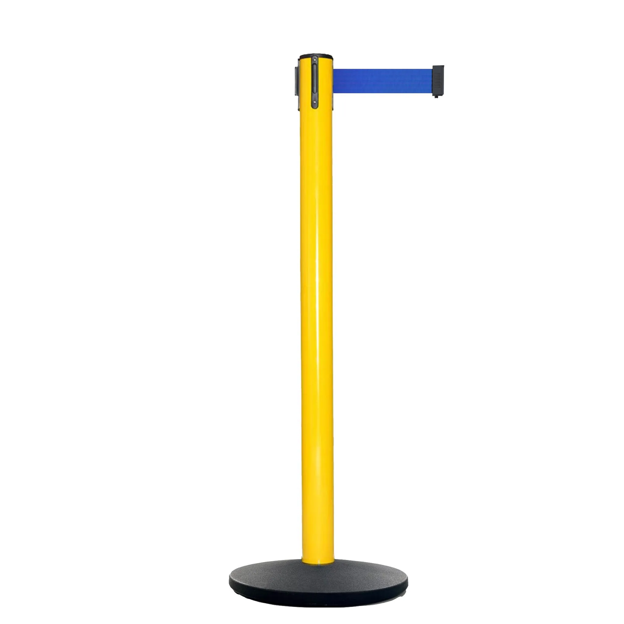 Retractable Belt Barrier Stanchion, Polished Brass Post with Heavy Duty Cast Iron Base, 14 ft Belt – Montour Line MI650