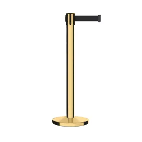 Retractable Belt Barrier Stanchion, Polished Brass Post with Heavy Duty Cast Iron Base, 14 ft Belt – Montour Line MI650