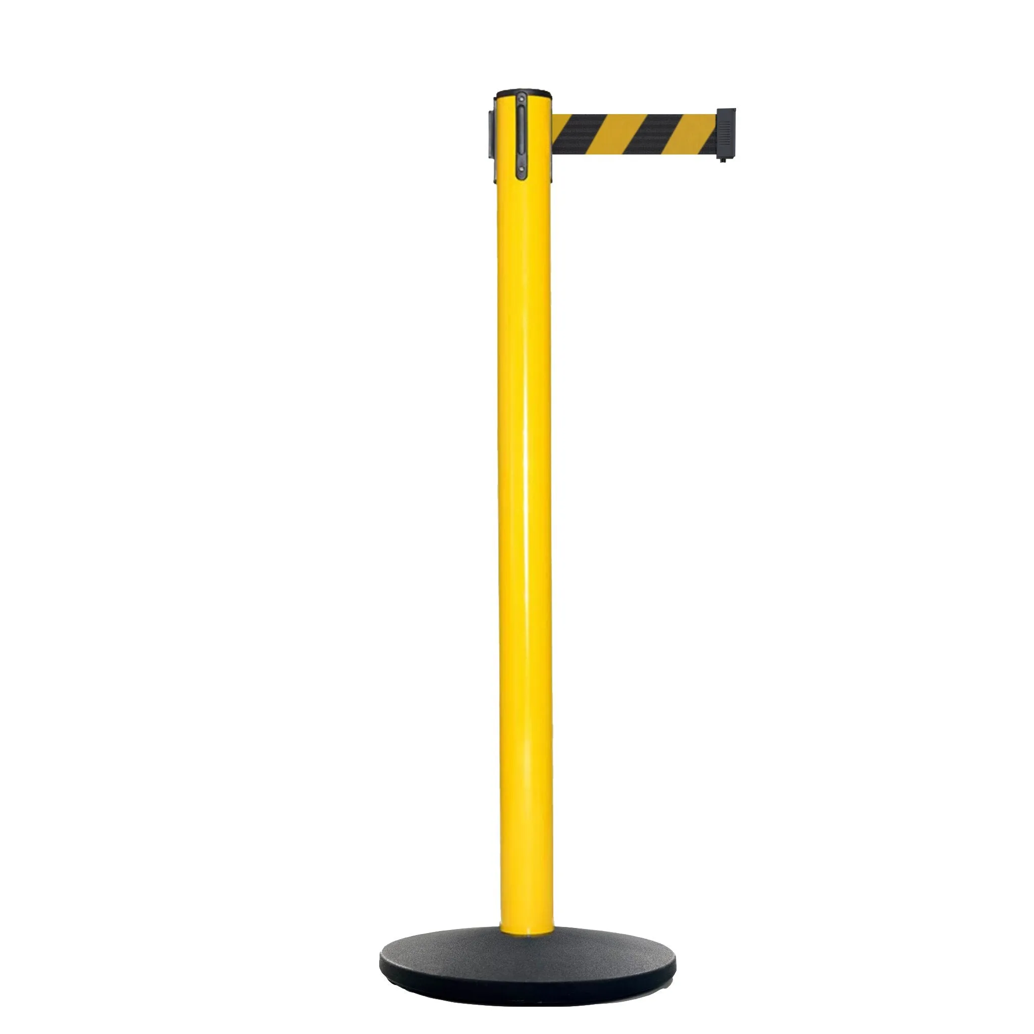 Retractable Belt Barrier Stanchion, Polished Brass Post with Heavy Duty Cast Iron Base, 14 ft Belt – Montour Line MI650