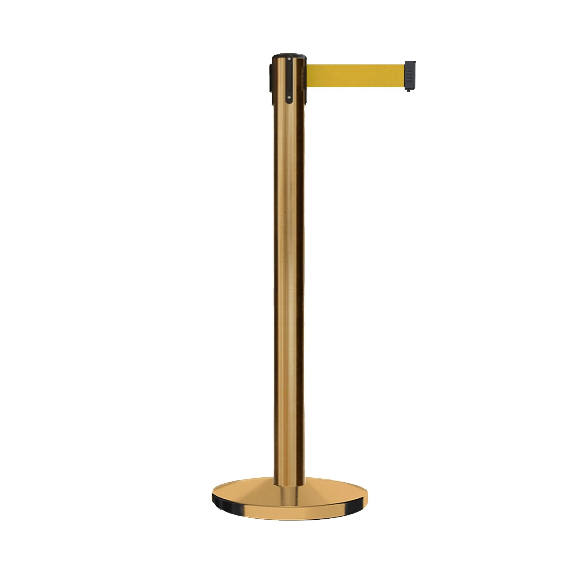 Retractable Belt Barrier Stanchion, Polished Brass Post with Heavy Duty Cast Iron Base, 14 ft Belt – Montour Line MI650