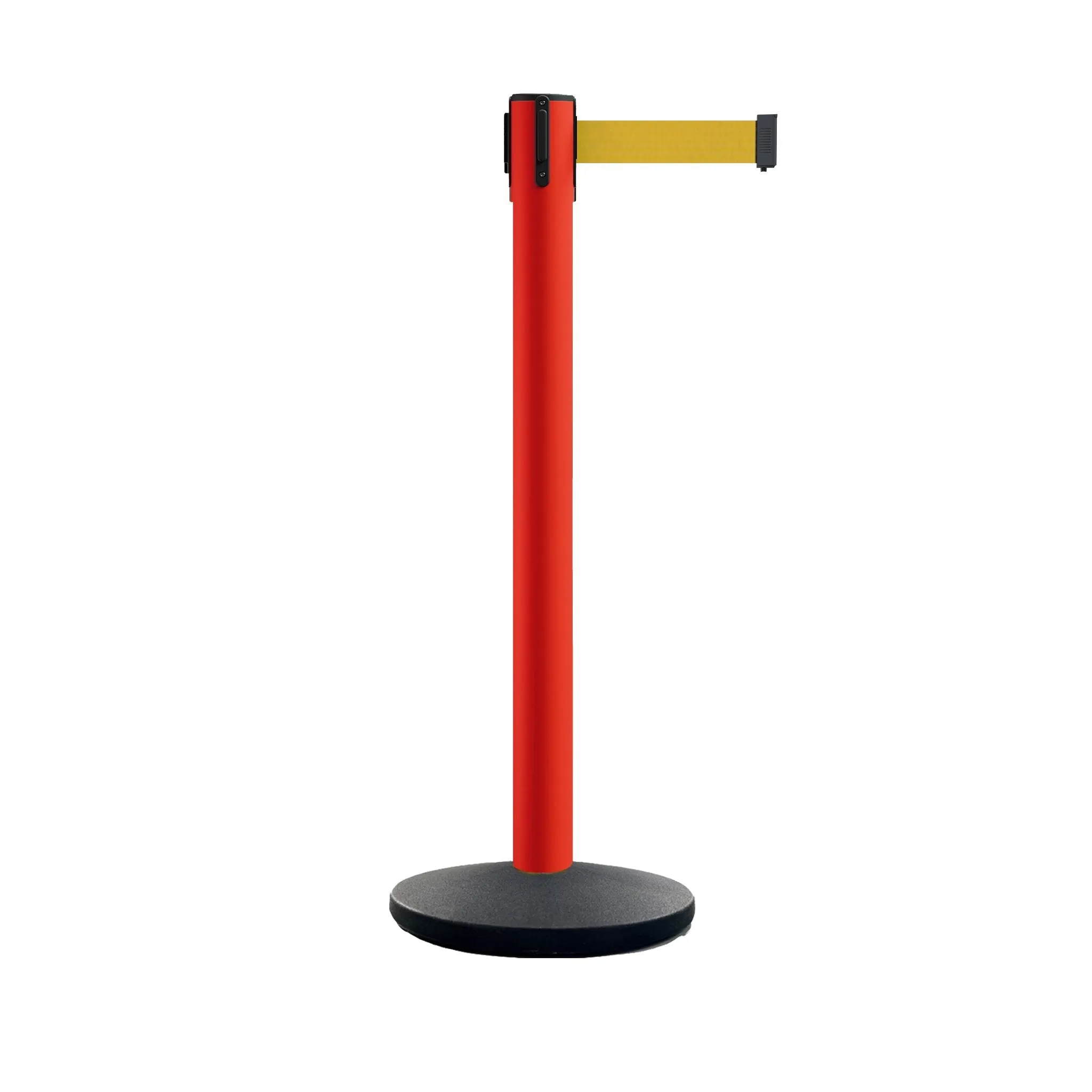 Retractable Belt Barrier Stanchion, Polished Brass Post with Heavy Duty Cast Iron Base, 14 ft Belt – Montour Line MI650