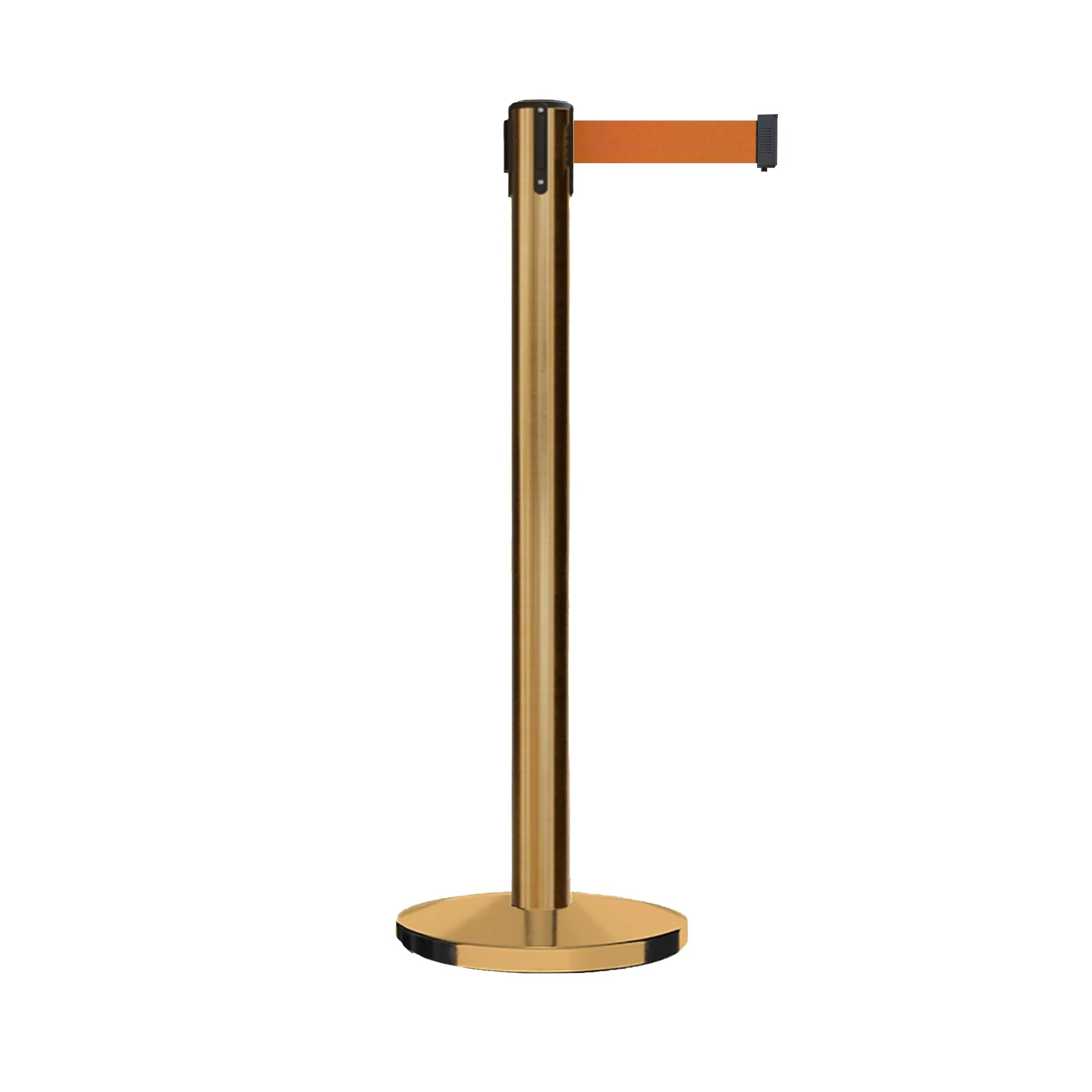 Retractable Belt Barrier Stanchion, Polished Brass Post with Heavy Duty Cast Iron Base, 14 ft Belt – Montour Line MI650