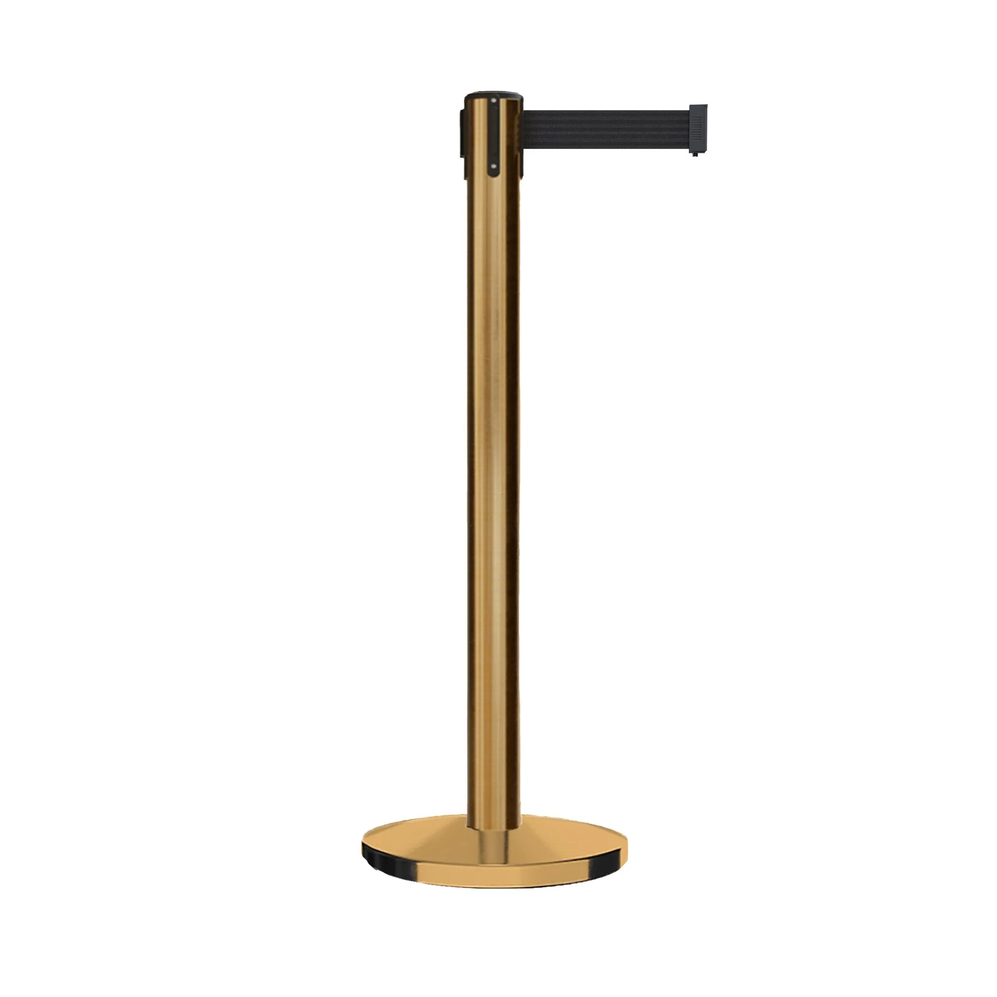 Retractable Belt Barrier Stanchion, Polished Brass Post with Heavy Duty Cast Iron Base, 14 ft Belt – Montour Line MI650