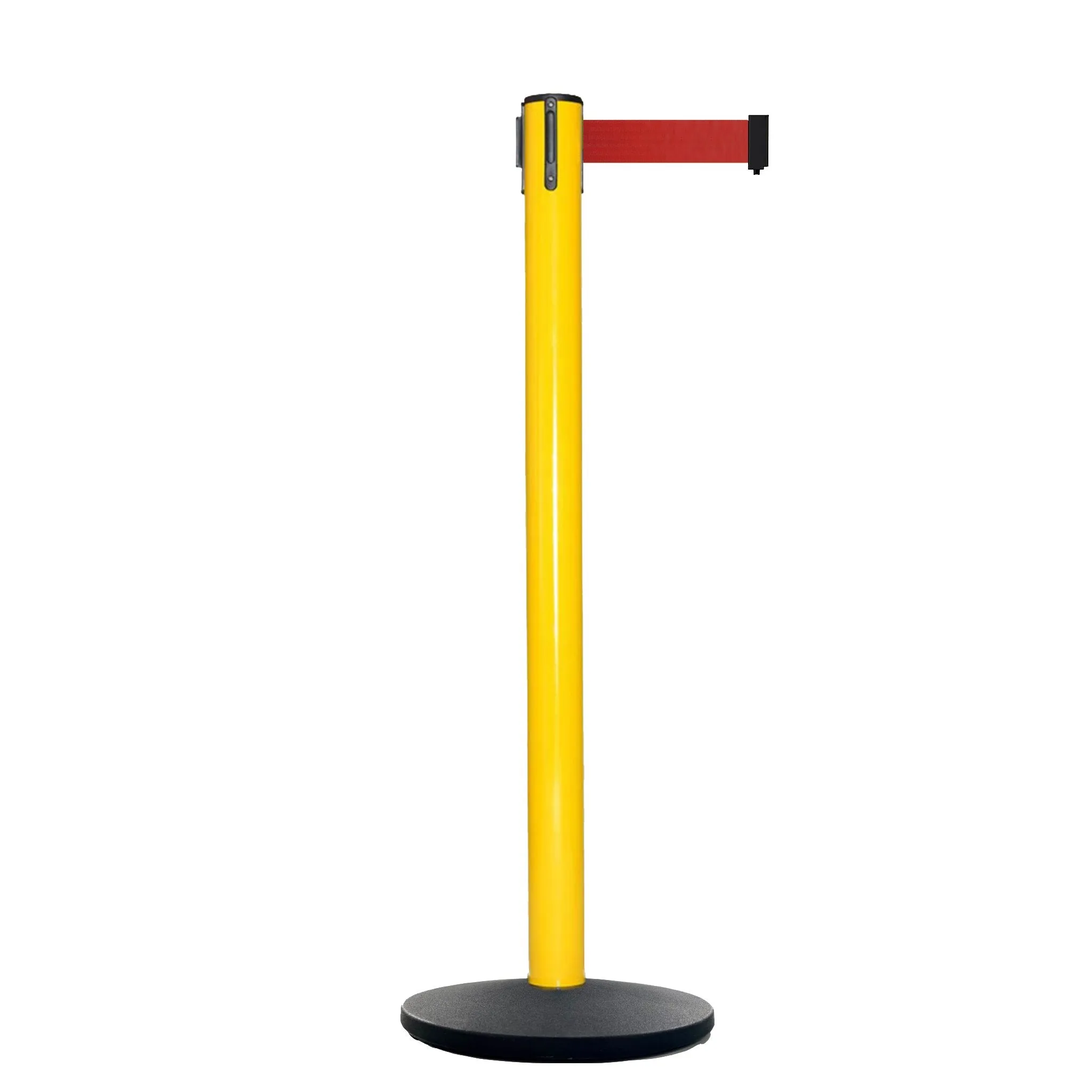 Retractable Belt Barrier Stanchion, Polished Brass Post with Heavy Duty Cast Iron Base, 14 ft Belt – Montour Line MI650