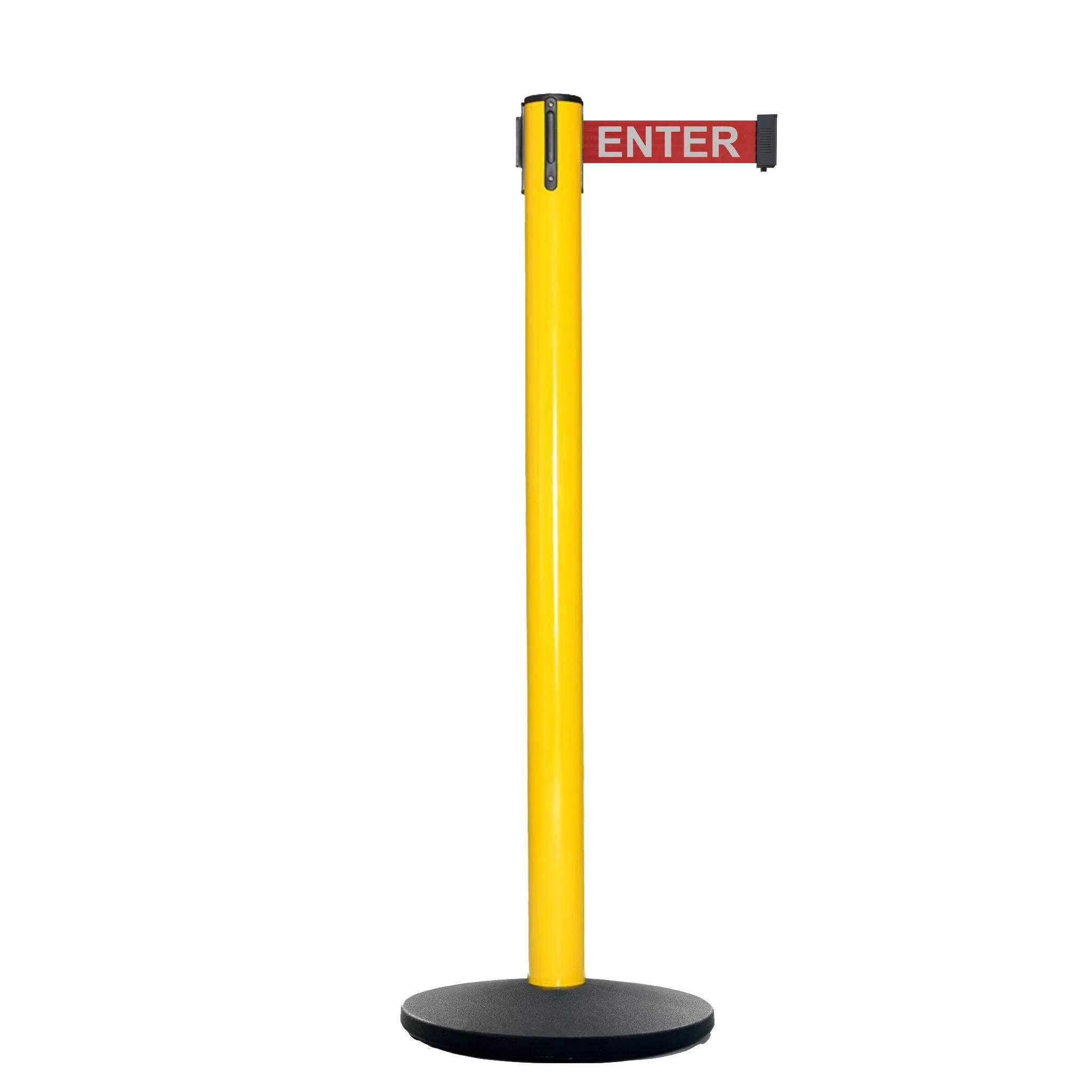 Retractable Belt Barrier Stanchion, Polished Brass Post with Heavy Duty Cast Iron Base, 14 ft Belt – Montour Line MI650