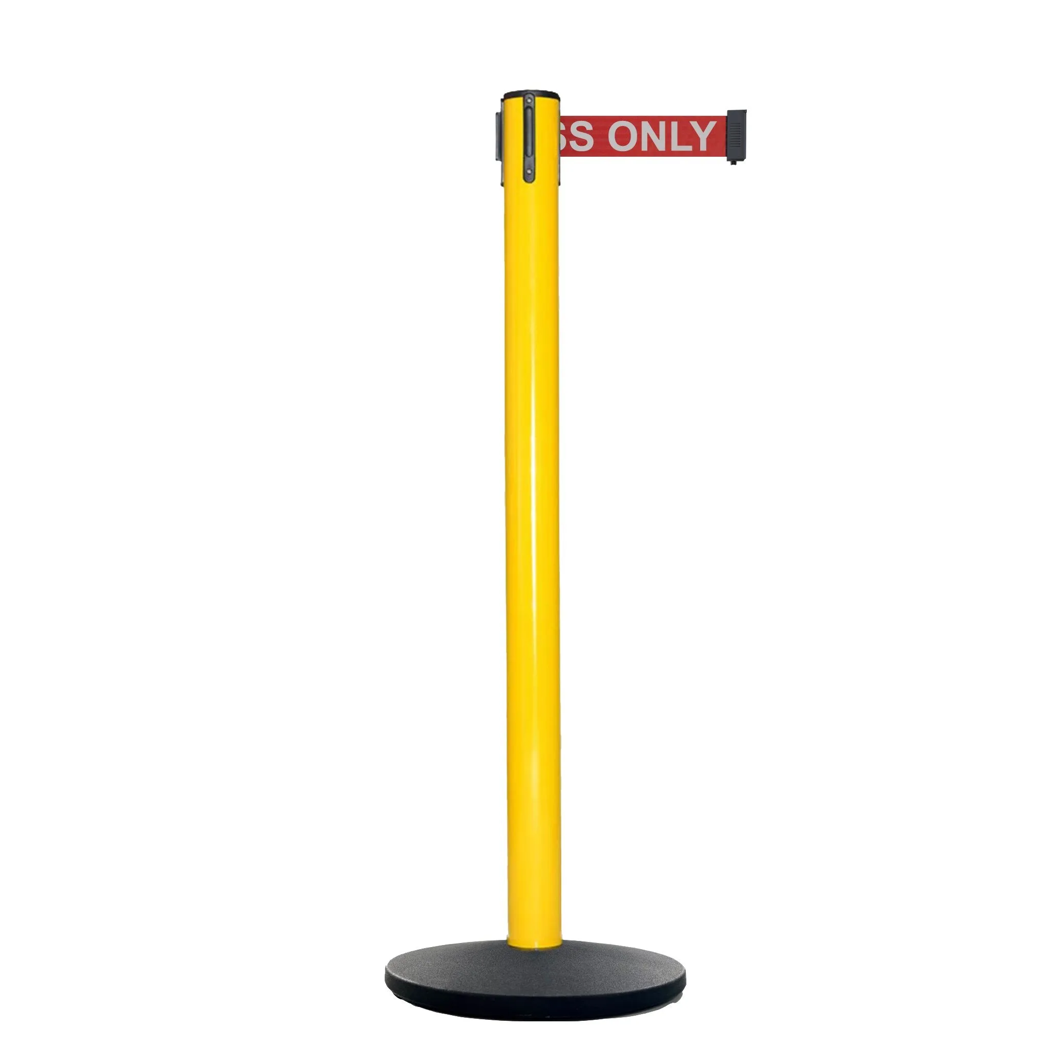 Retractable Belt Barrier Stanchion, Polished Brass Post with Heavy Duty Cast Iron Base, 14 ft Belt – Montour Line MI650