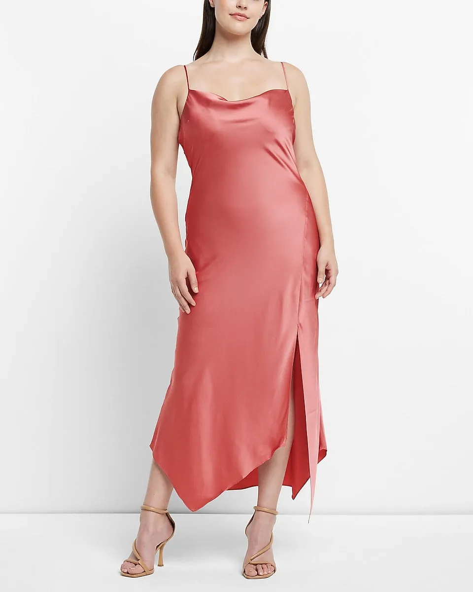 Satin Cowl Neck Asymmetrical Hem Maxi Slip Dress in Coral Blush