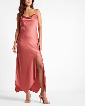 Satin Cowl Neck Asymmetrical Hem Maxi Slip Dress in Coral Blush