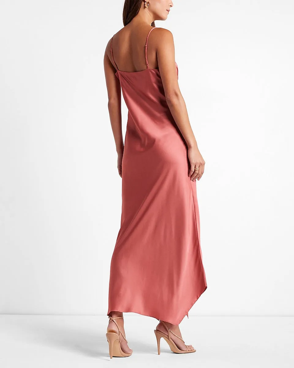 Satin Cowl Neck Asymmetrical Hem Maxi Slip Dress in Coral Blush