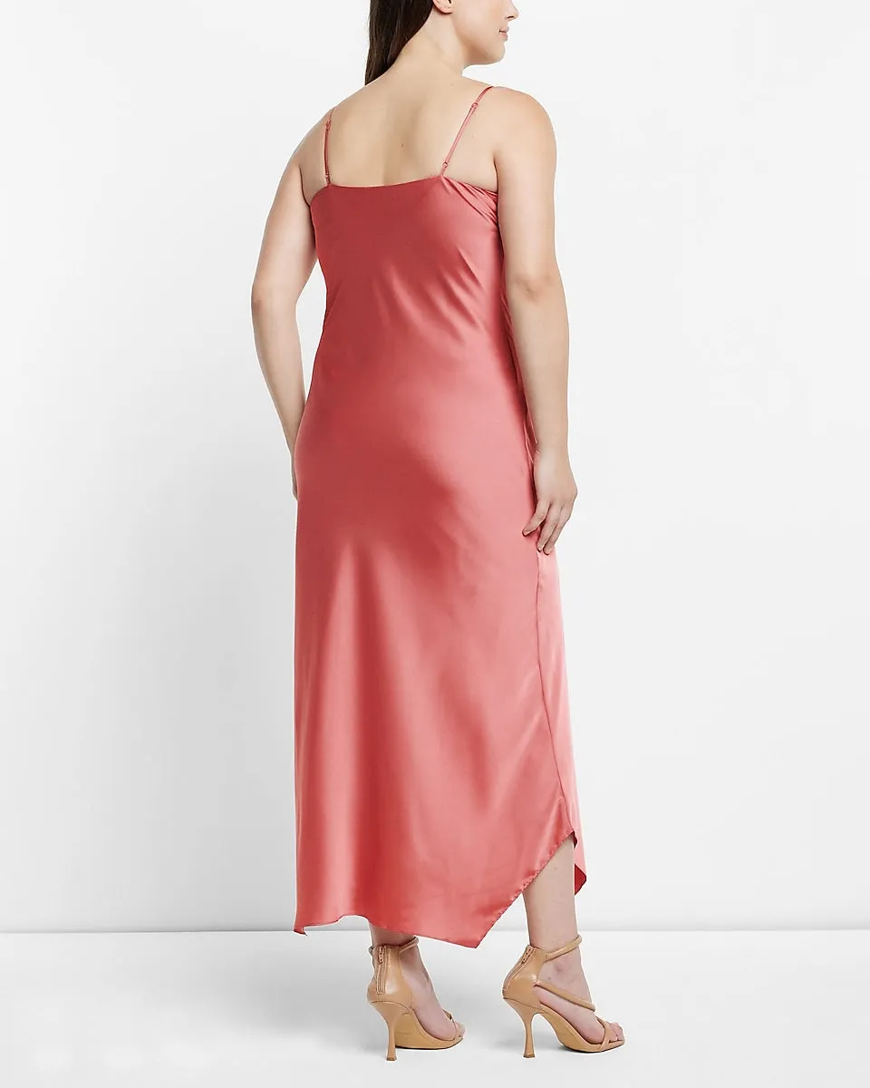 Satin Cowl Neck Asymmetrical Hem Maxi Slip Dress in Coral Blush