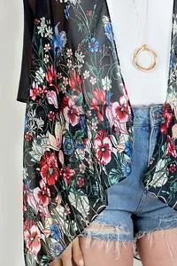 Sheer black floral print kimono