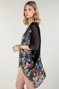 Sheer black floral print kimono