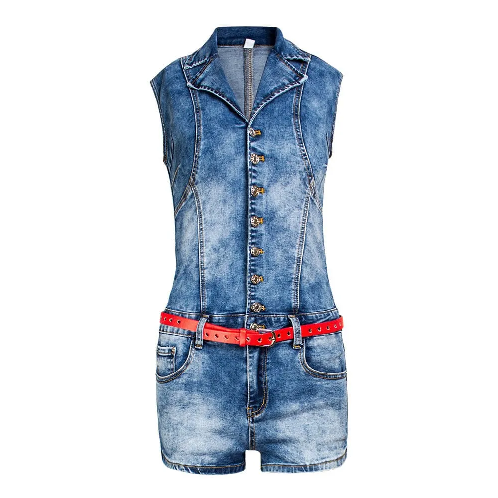 Sleeveless Lapel Collar Belted Button Up Denim Romper