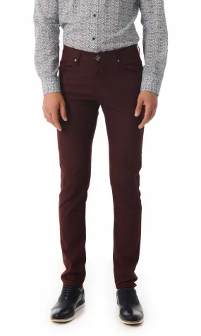 Slim Fit 5 Pocket Low Waist Burgundy Cotton Casual Pants