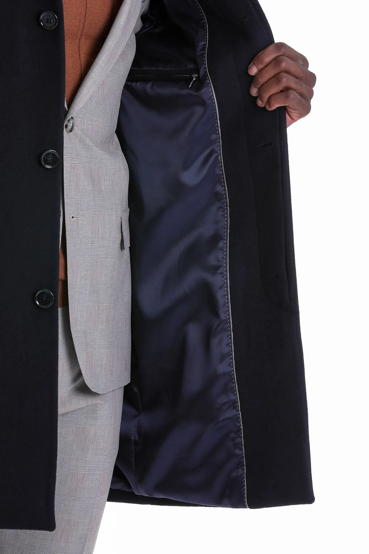 Slim Fit Cachet Flat Collar Navy Wool Blend Overcoat