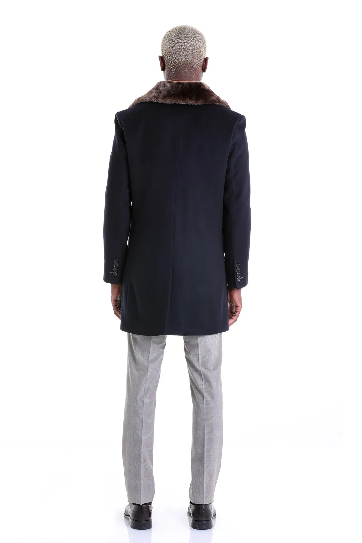 Slim Fit Cachet Flat Collar Navy Wool Blend Overcoat