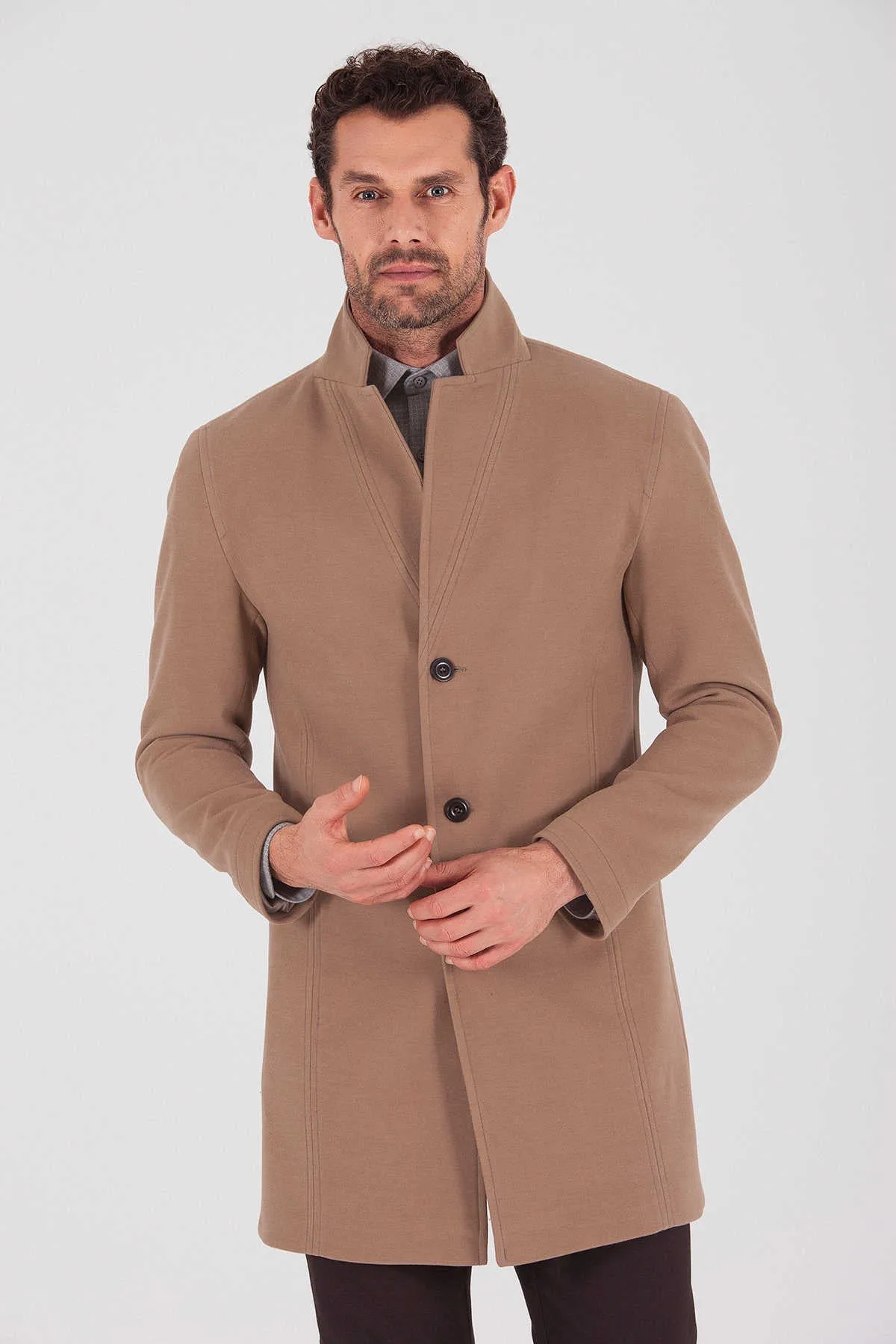 Slim Fit Cachet Madrid Notch Lapel Camel Overcoat, Camel