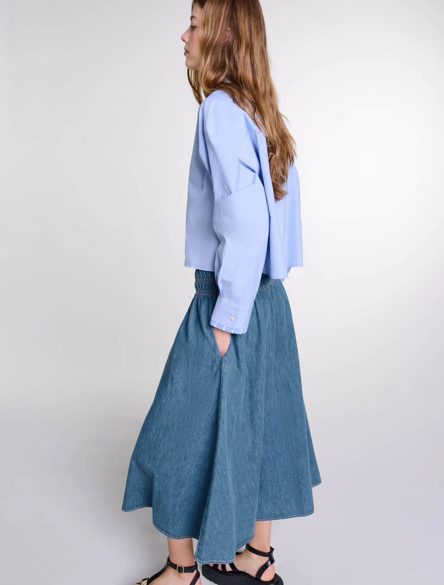 Smocked denim skirt