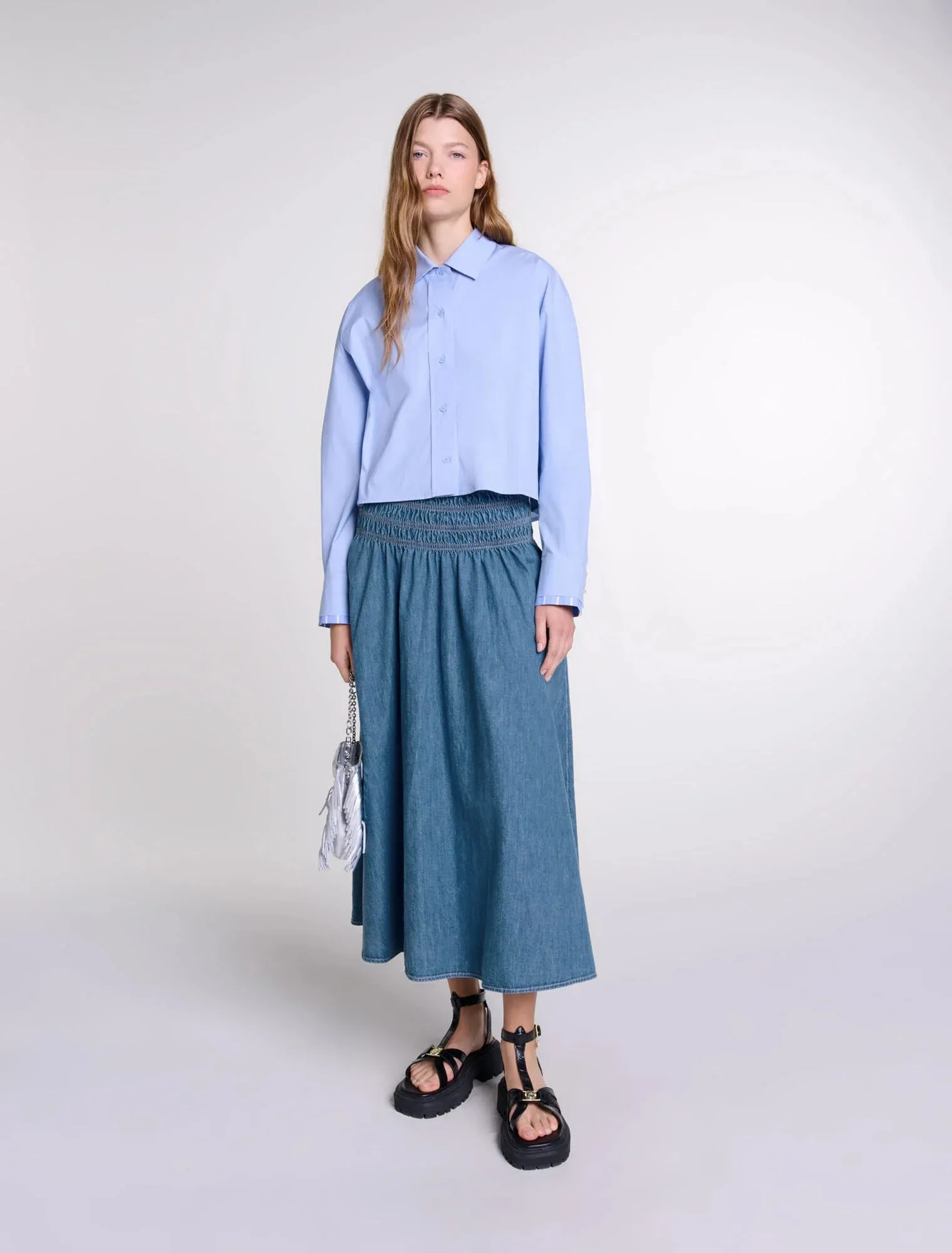 Smocked denim skirt