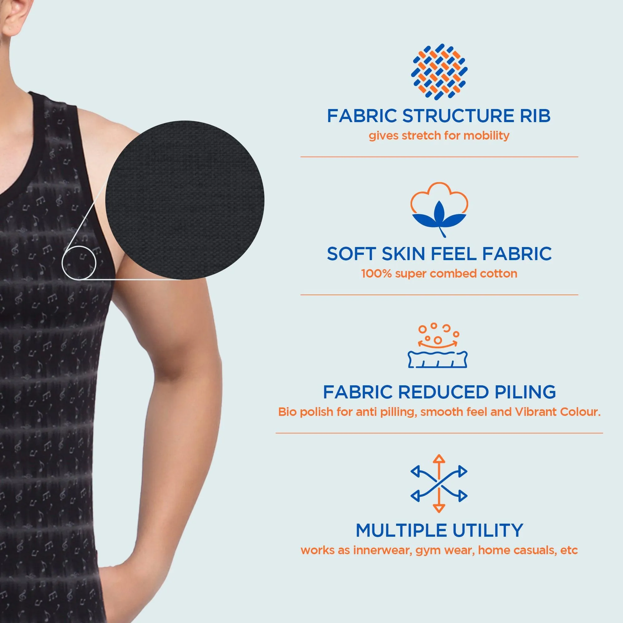 Sporto Men's Round Neck Printed Gym Vest - Pack Of 2 (Black & Black)