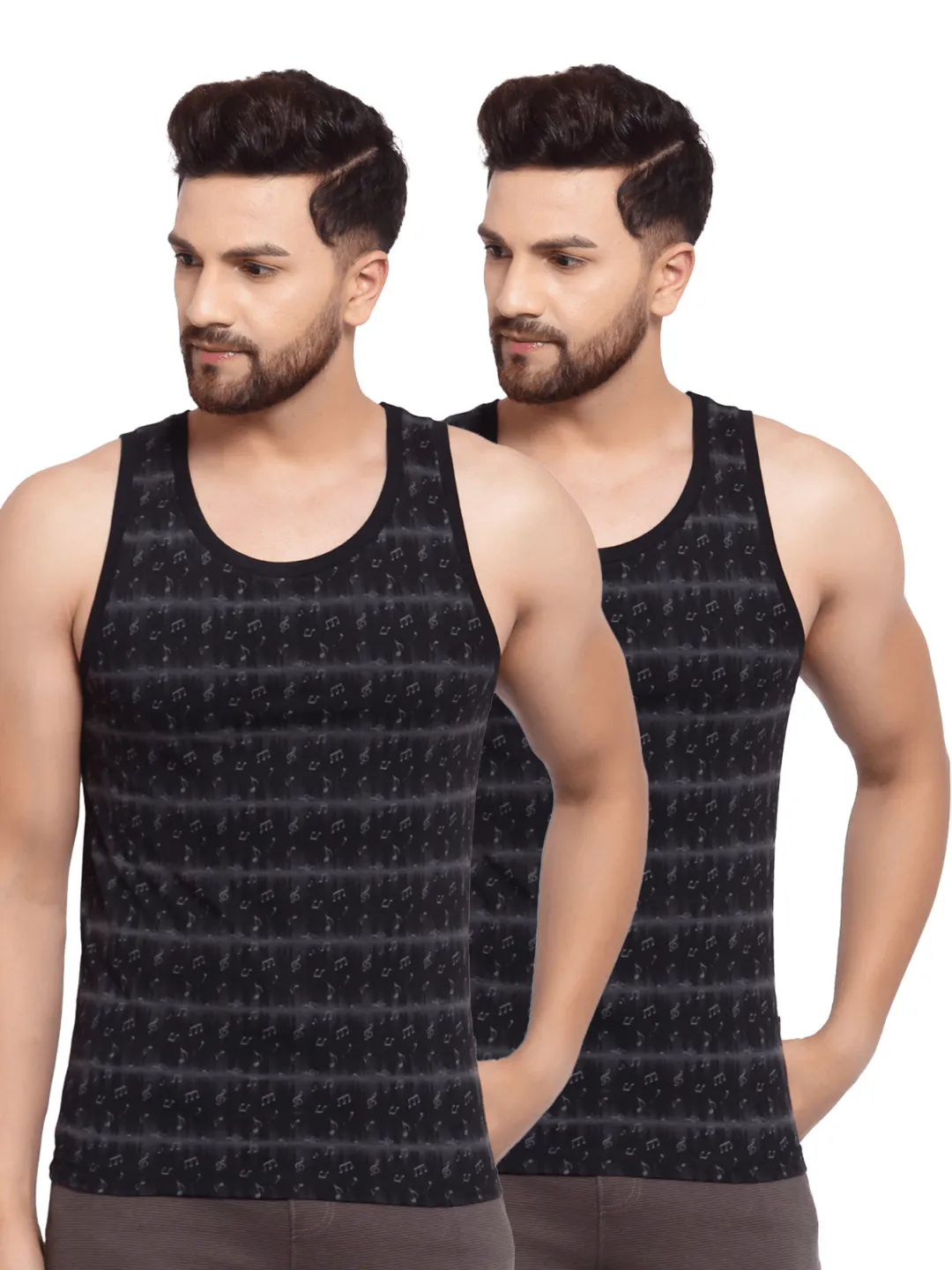 Sporto Men's Round Neck Printed Gym Vest - Pack Of 2 (Black & Black)