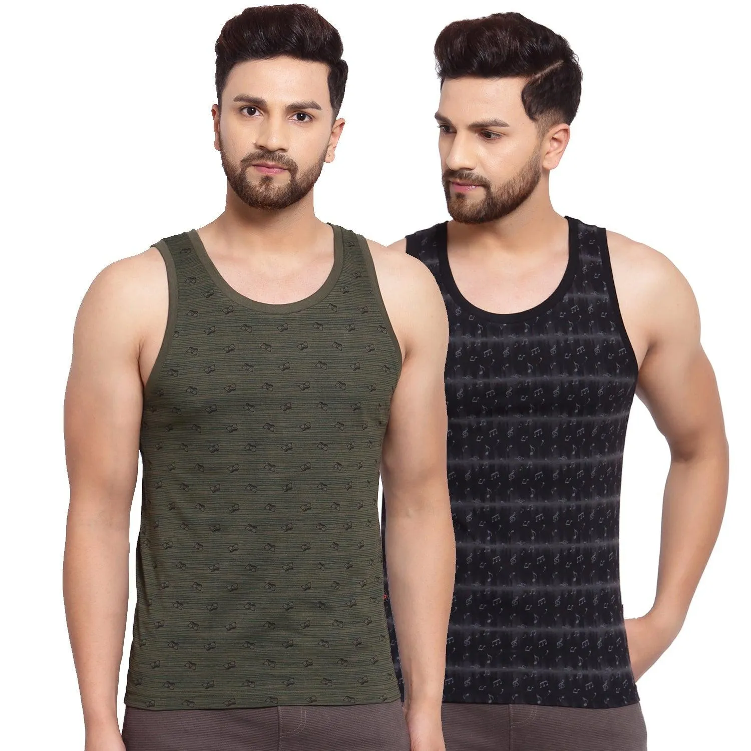 Sporto Men's Round Neck Printed Gym Vest - Pack Of 2 (Black & Olive)