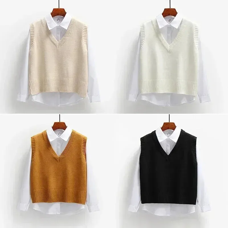 Spring and Autumn Women's Knitted Sweater Vest Short Loose Retro Sweater Sleeveless Girls V-Neck Pullover Top Women Jacket