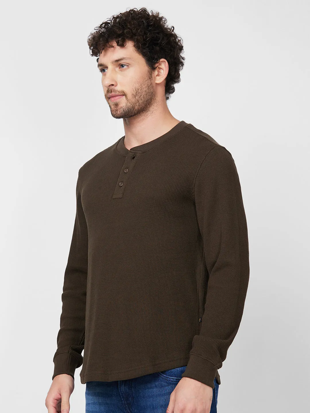 Spykar Henley Neck Full Sleeve Green Solid T-Shirt For Men