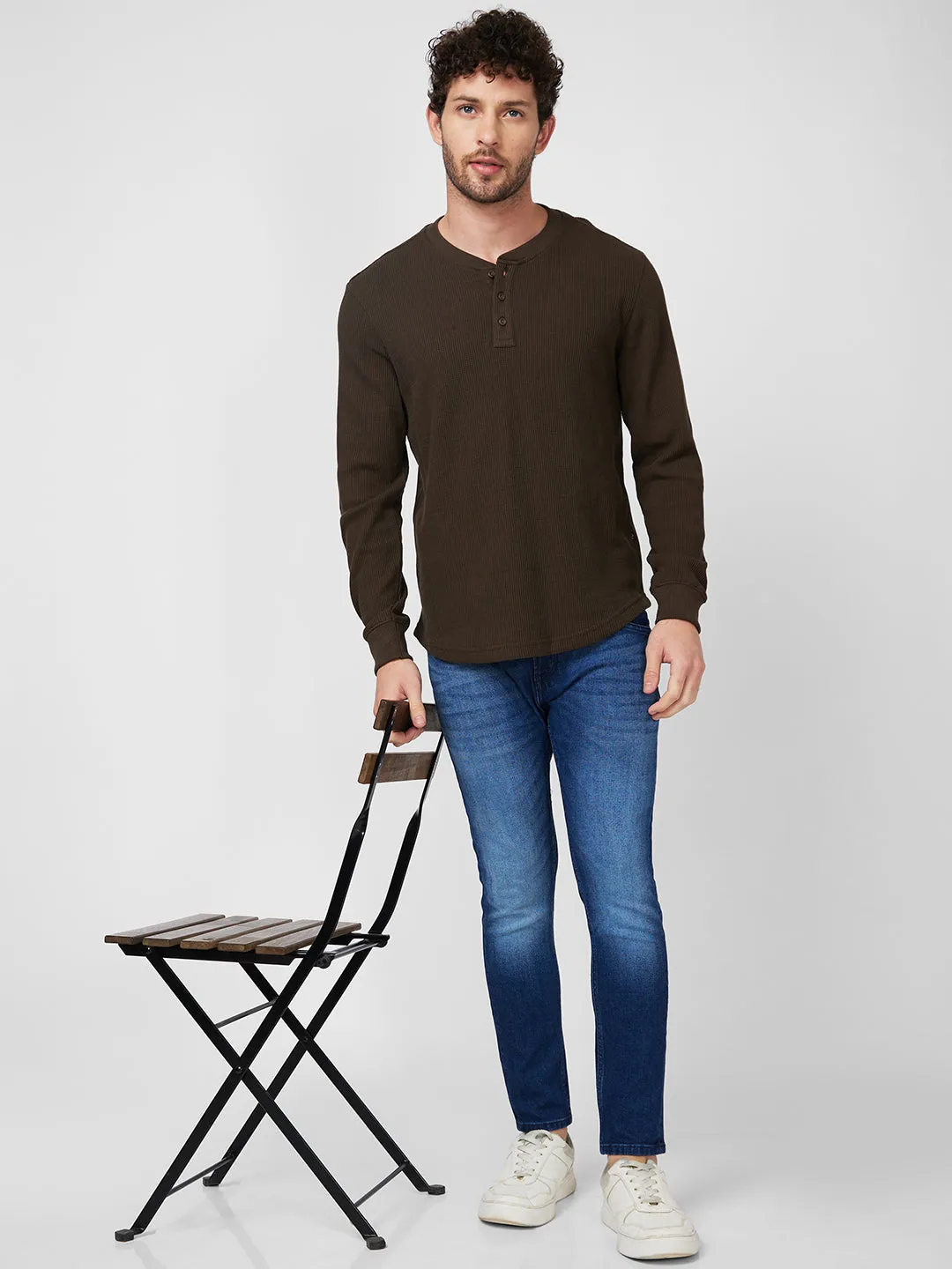 Spykar Henley Neck Full Sleeve Green Solid T-Shirt For Men