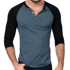 Steel Blue & Black Contrast 3/4 Raglan Sleeve Tri-Blend Henley Shirt