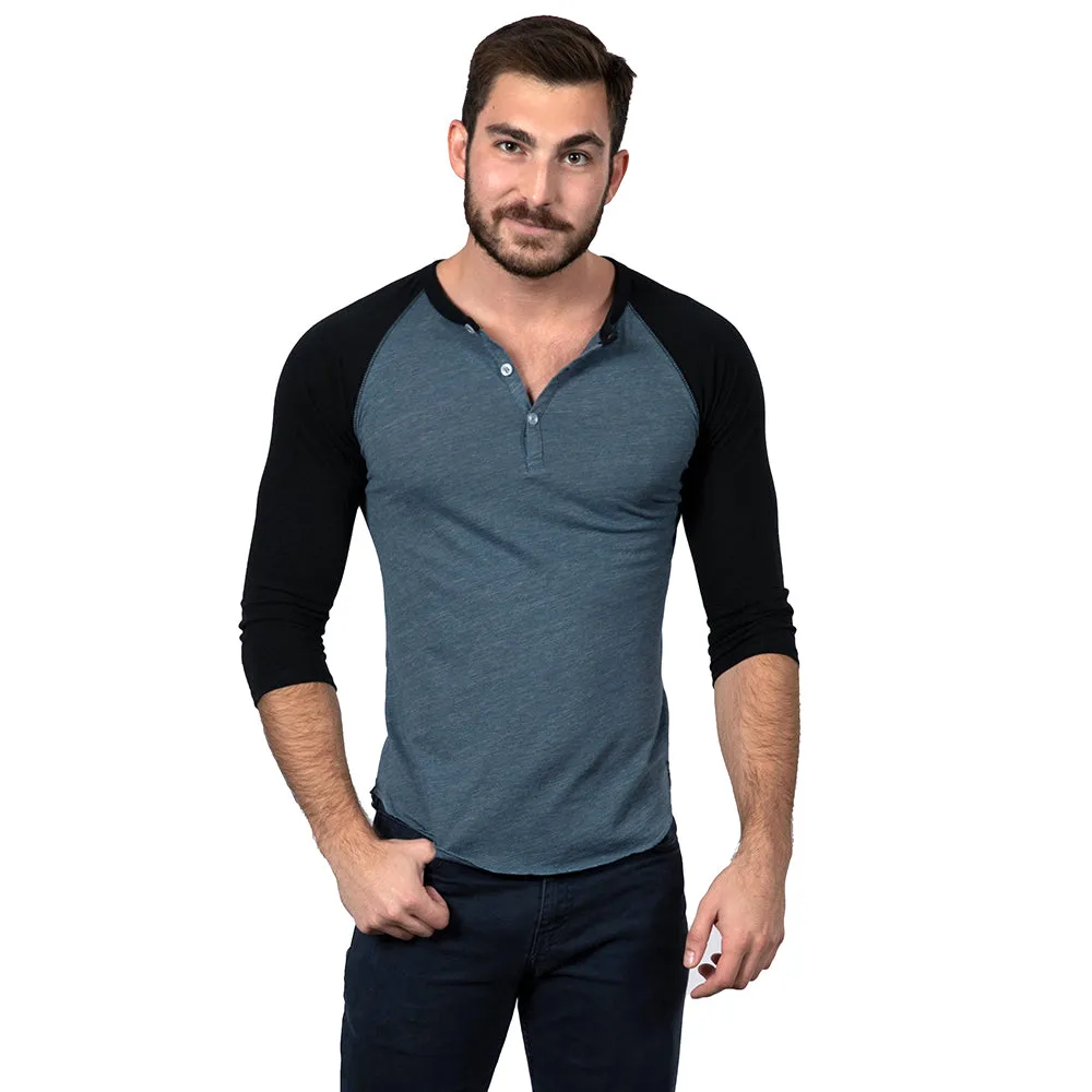 Steel Blue & Black Contrast 3/4 Raglan Sleeve Tri-Blend Henley Shirt