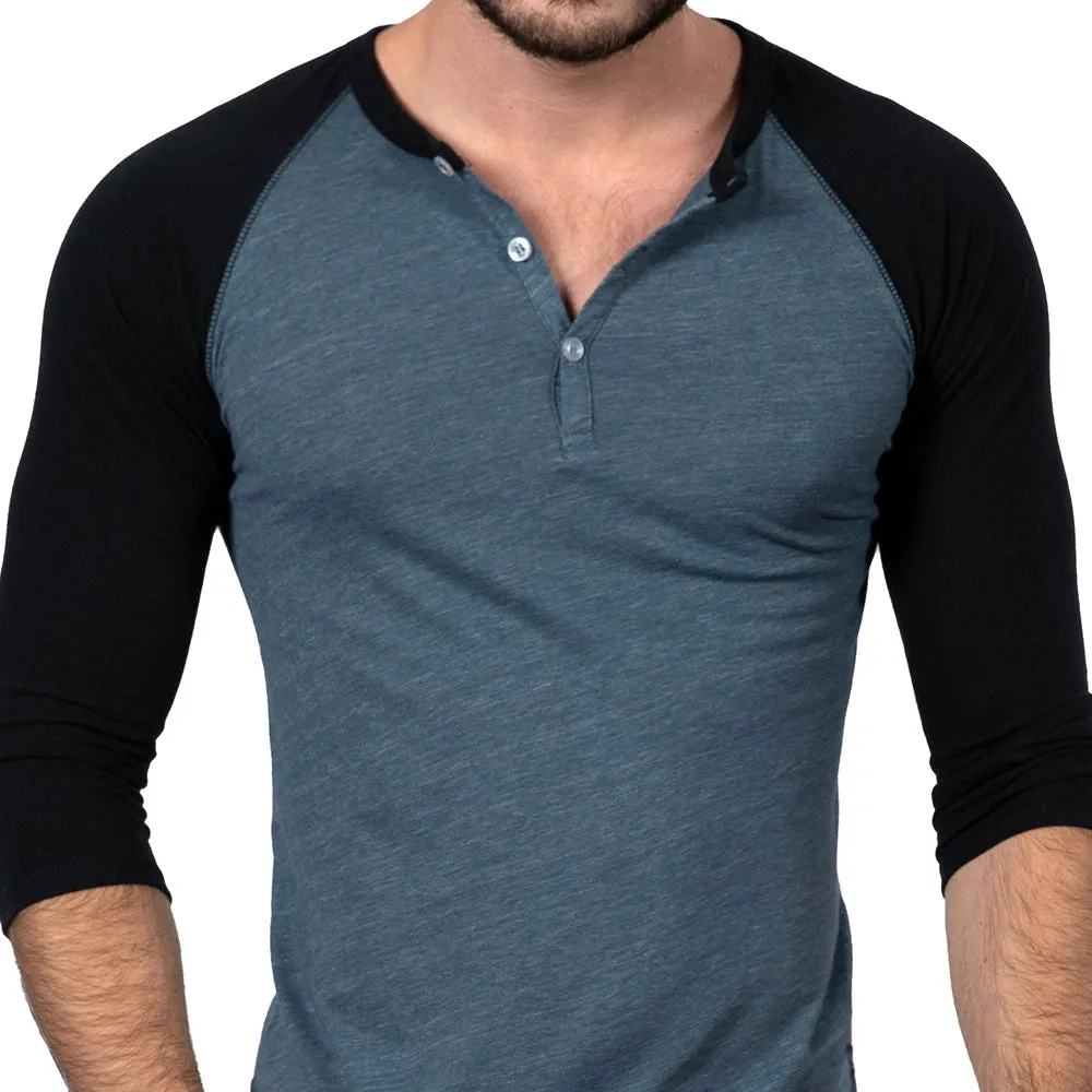 Steel Blue & Black Contrast 3/4 Raglan Sleeve Tri-Blend Henley Shirt