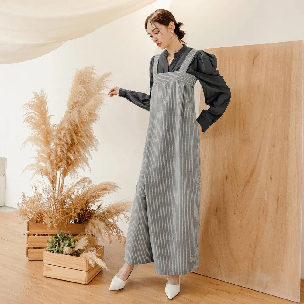 Striped Cotton Long Strap Wide Leg Jumpsuit Pants